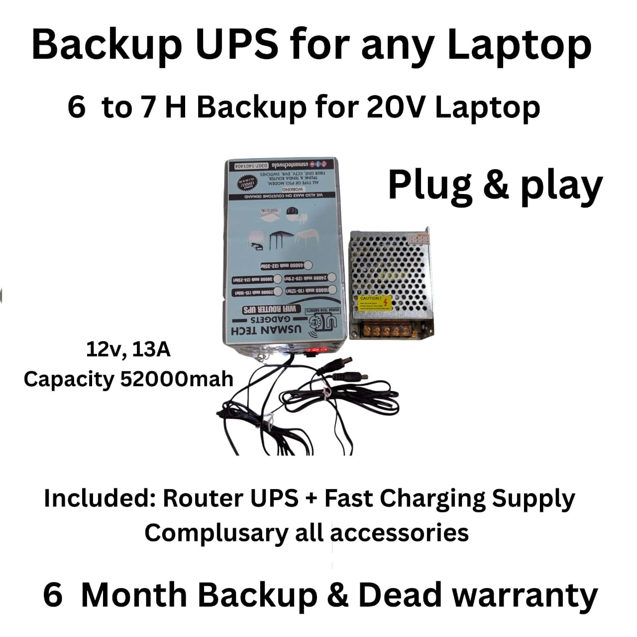 Laptop Power Bank/UPS 12V, 13A 52000 Mah 6 to 7 hour Backup Guaranteed